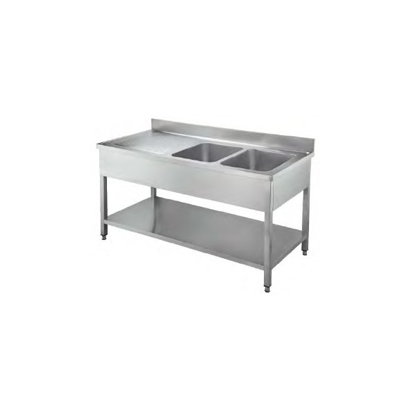 Stainless Steel Double Sink Right Unit With Backsplash - undershelf (STD02-187R2)