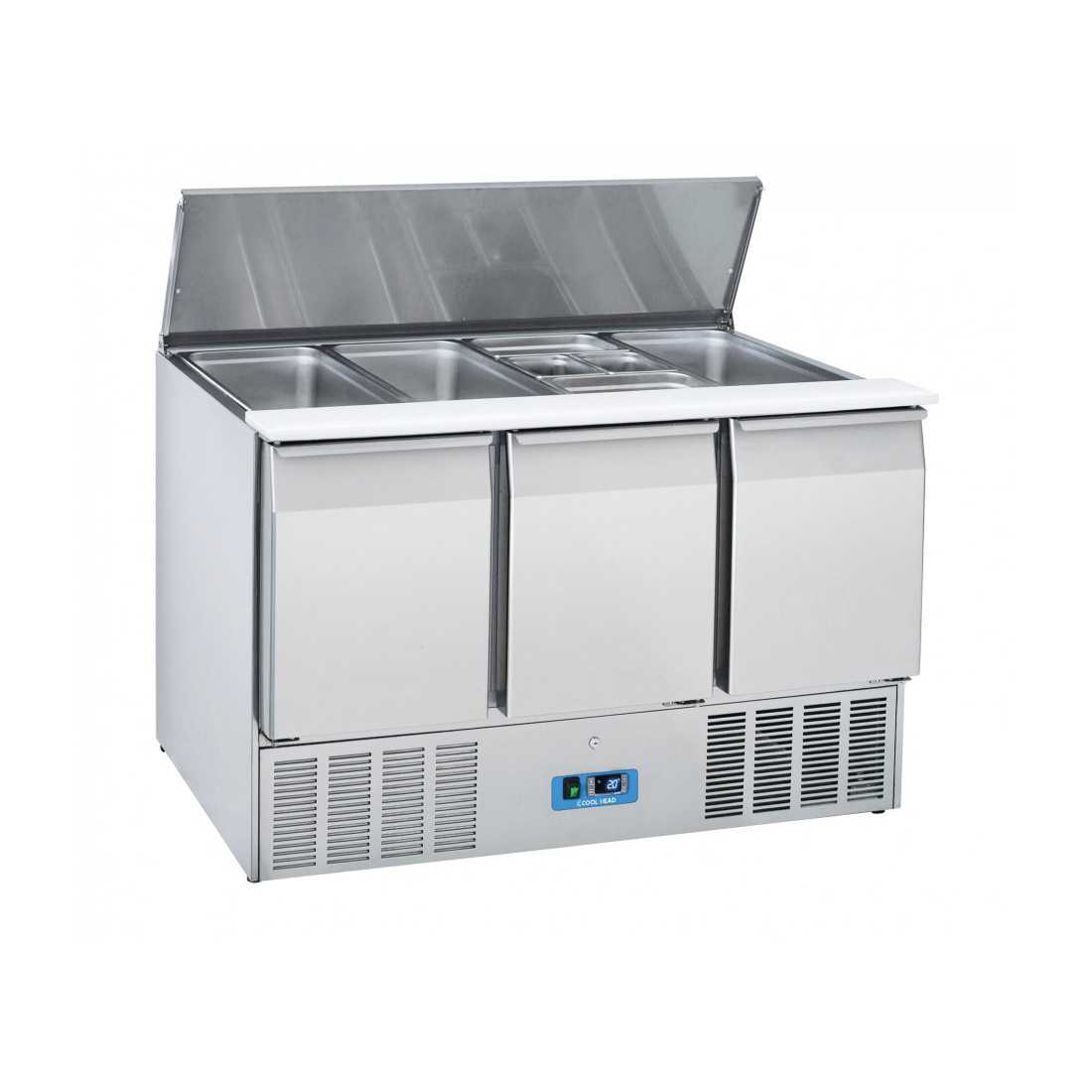 COOL HEAD ,CR93, Sandwich and Salad Prep Refrigerator with Three Doors and Sliding Top Cover